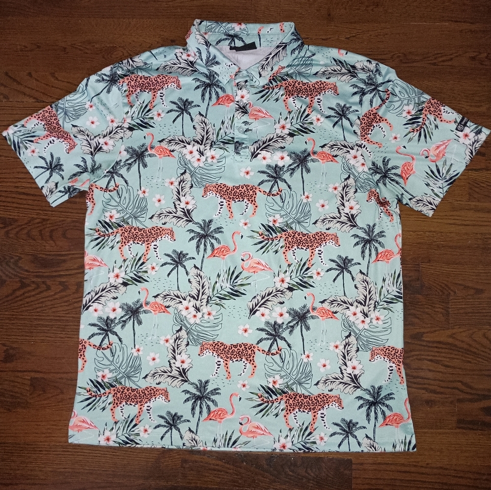 Mens Greenside Golf Cheetah Flamingo Palm Tree Print Mint Green Polo Shirt